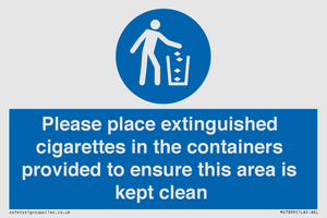 Please place extinguished cigarettes in the containers provided to ensure this area is kept clean